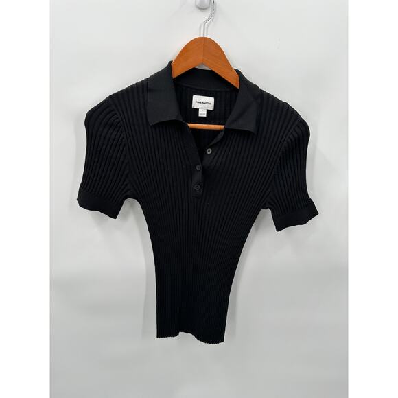 FRANK & OAK Ribbed Black Short Sleeve Collared Top // M - Picture 1 of 8